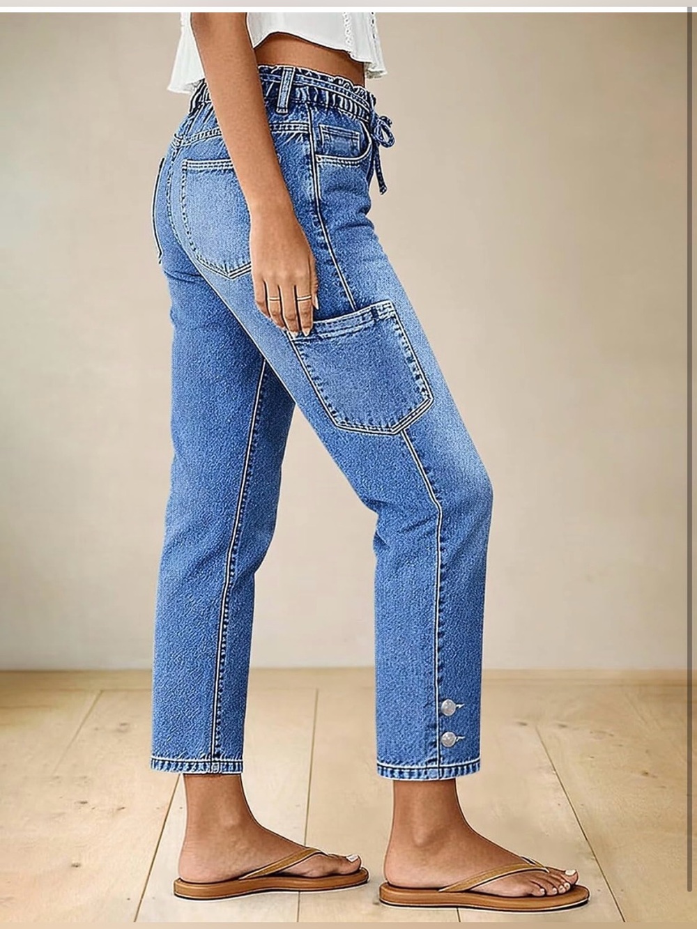 Flamingals Straight Leg Cropped Jeans Mid Rise Button Hem Belted Stretchy Baggy - Picture 3 of 7